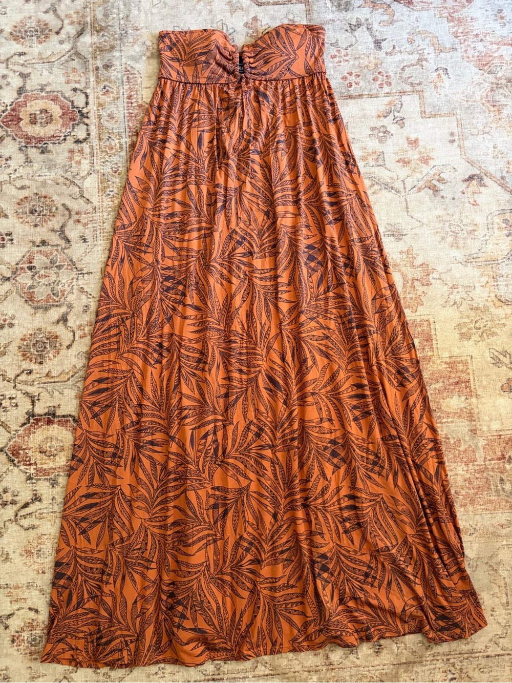 Strapless Orange Leaf-Print Maxi Dress